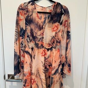 Guess Floral Long Sleeve Dress - Peach and Navy
